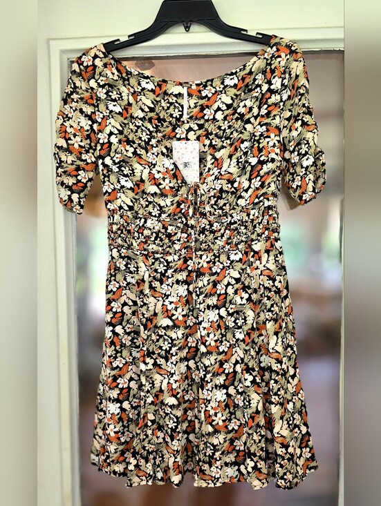Free People Dresses & Skirts - New Free People Forget Me Not Charcoal Combo Floral Mini Dress Sz 4 Small Tie